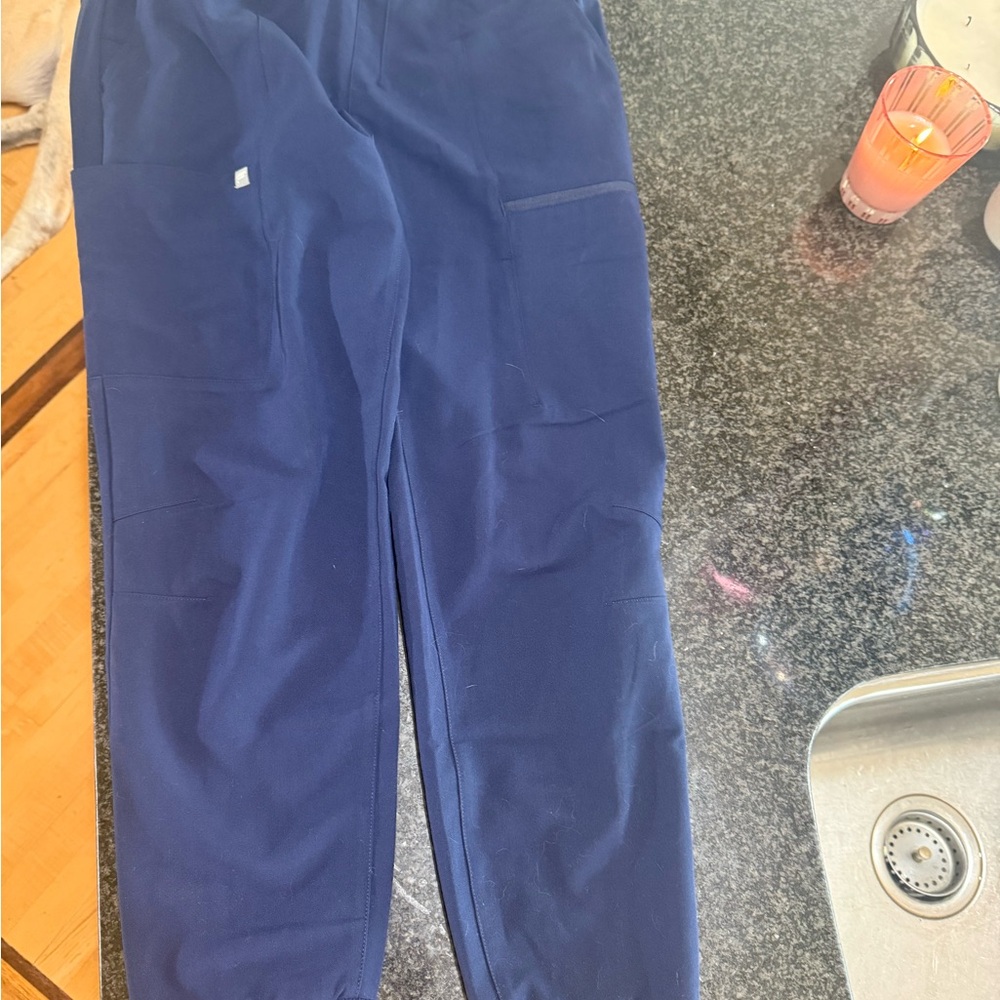 Fabletics Dark Blue scrub Joggers with Tan Drawstring